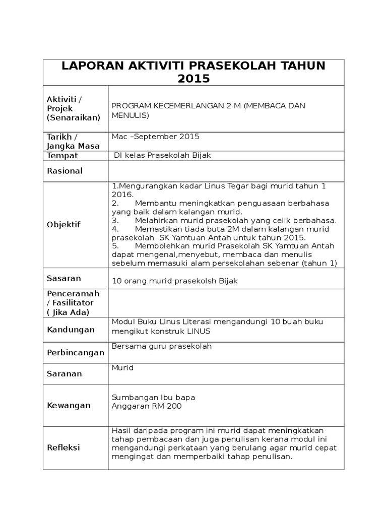Laporan Aktiviti Prasekolah 2m Menulis Dan Membaca Pdf