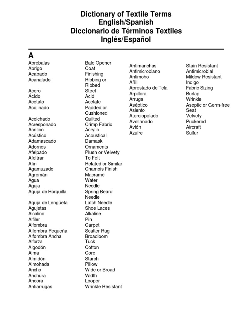 Dictionary of Textile Terms English/Spanish Diccionario de Términos
