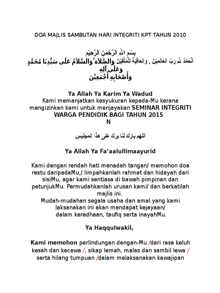 Doa Majlis Sambutan Integriti Kpt Terbaru 2010 Pdf