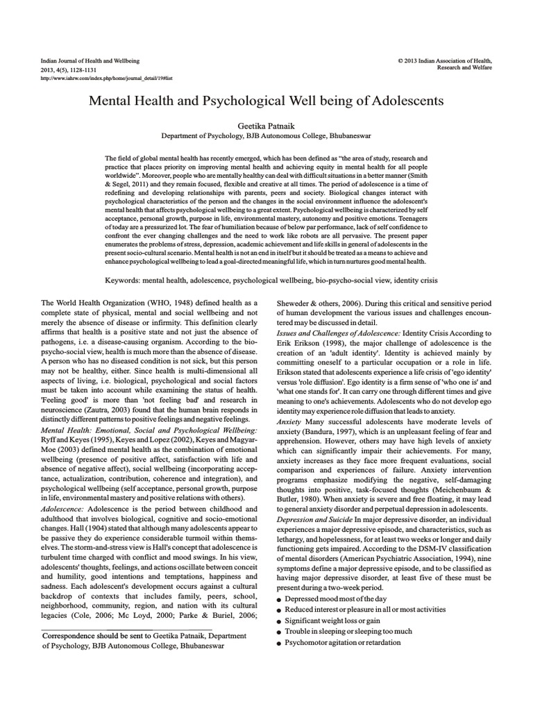 Mental Health and Psychological Well Being | PDF | Adolescence | Major ...