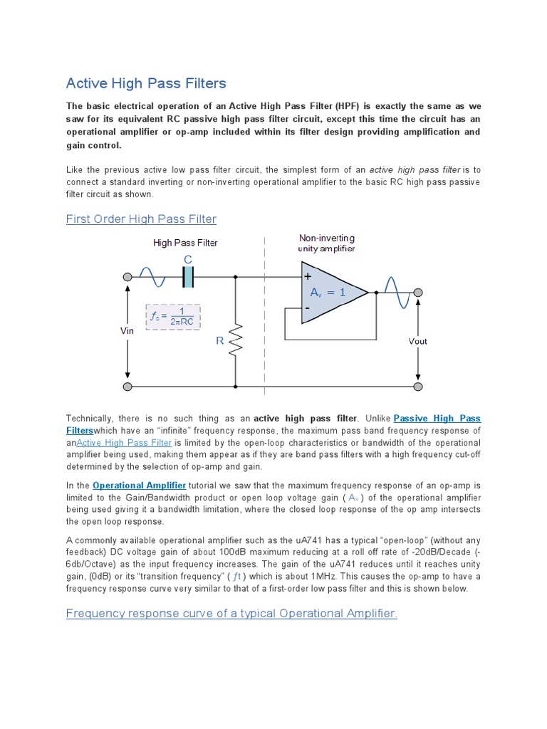 Active High Pass Filters Operational Amplifier Amplifier