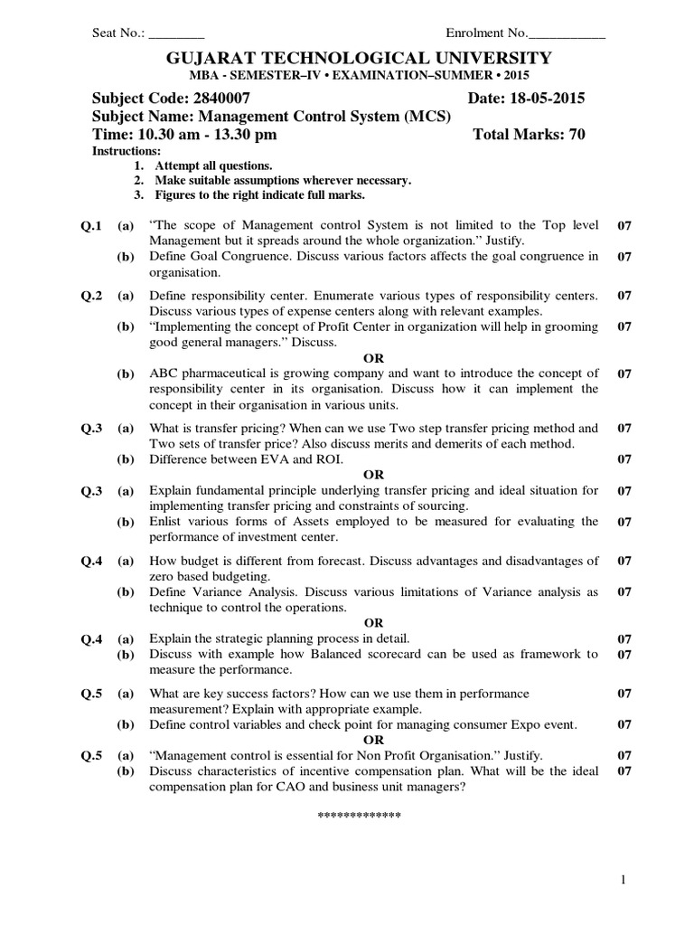 Management Control System Exam Paper | PDF