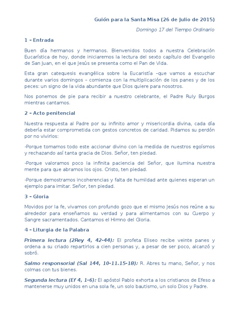 Guión Para La Santa Misa Misa (liturgia) eucaristía