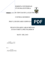 Benemerita Universidad Autonoma de Puebla Facultad de Ciencias de La Electronica Control Moderno Prof. Luis Eduardo Espinoza Maya