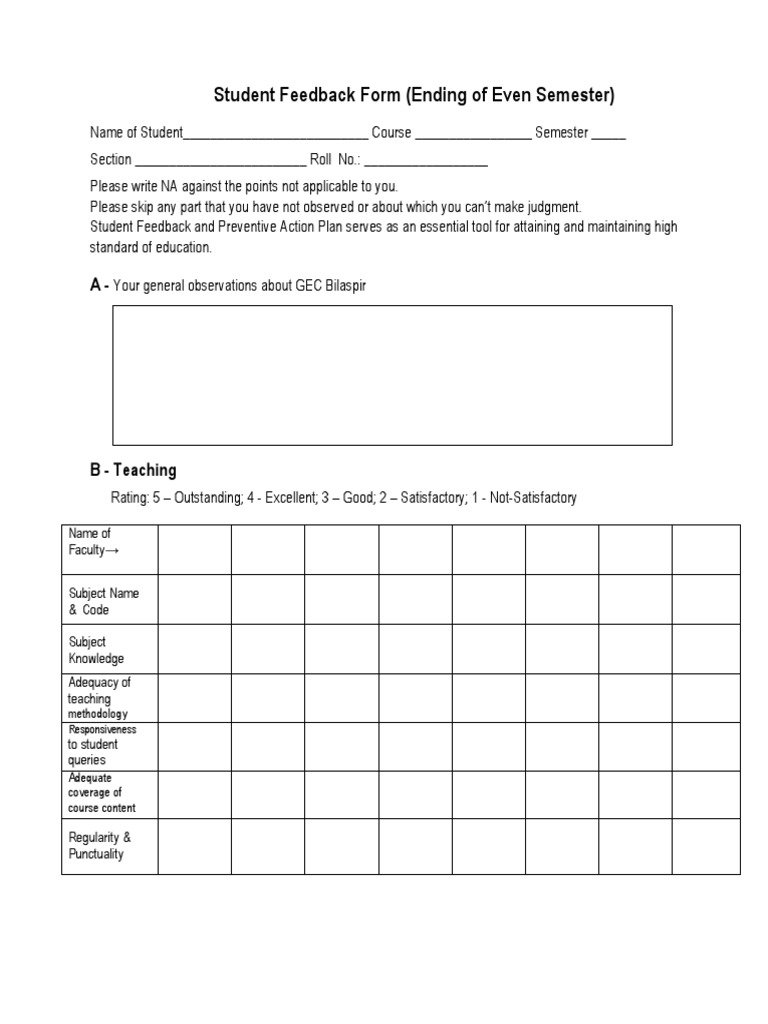 Student Feedback Form for GEC Bilaspur | PDF | Lecture | Further Education