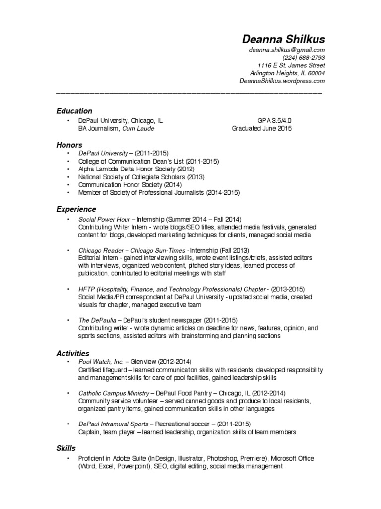 Deanna Shilkus: Journalism Resume | PDF | Career & Growth