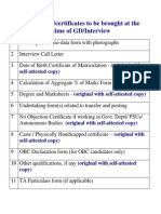 List of Documents to Be Brought at Time of Interview