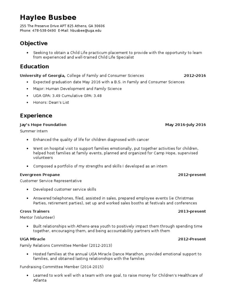 Child Life Practicum Resume of Haylee Busbee | PDF | Career & Growth ...