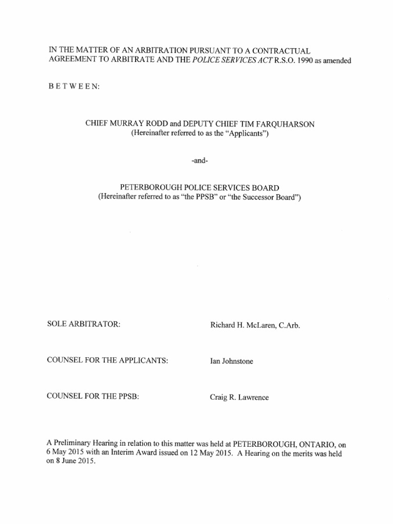 Arbitration Award To Peterborough Police Chief Murray Rodd and Deputy ...