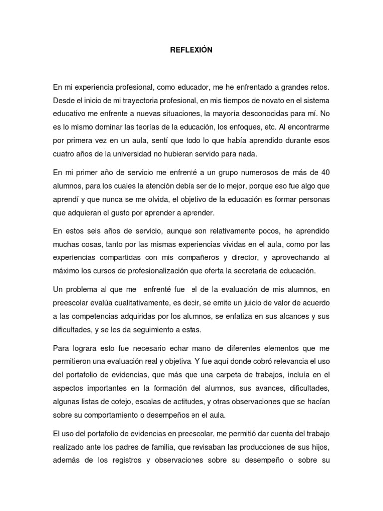 Reflexión sobre la práctica docente | PDF | Jardín de infancia | Evaluación