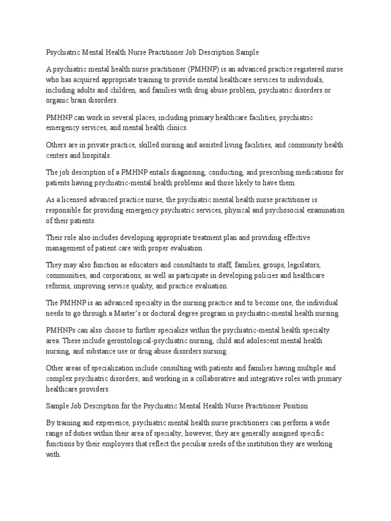 psychiatric mental health nurse practitioner job description sample
