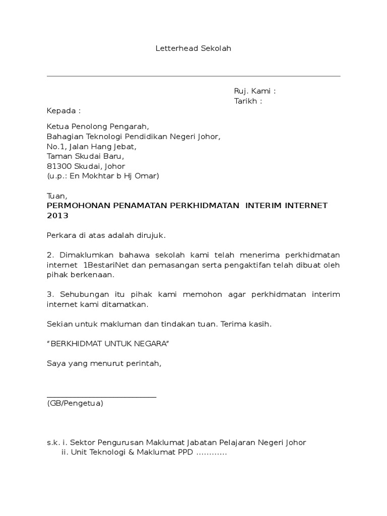 Contoh Surat Penamatan Internet Sekolah