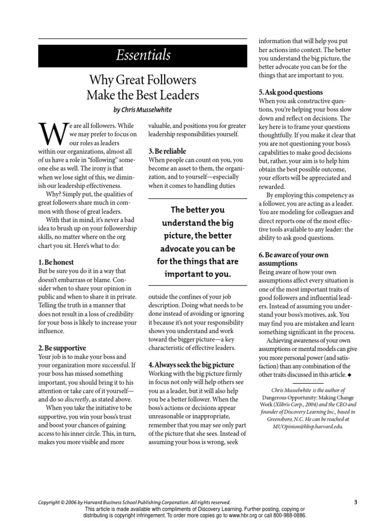 THE BEST LEADERS ARE GREAT FOLLOWERS intelligence overview