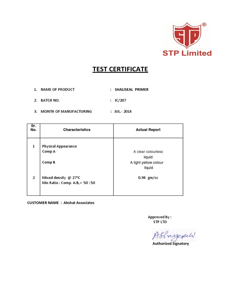 Shaliseal Primer Test Certificate | PDF
