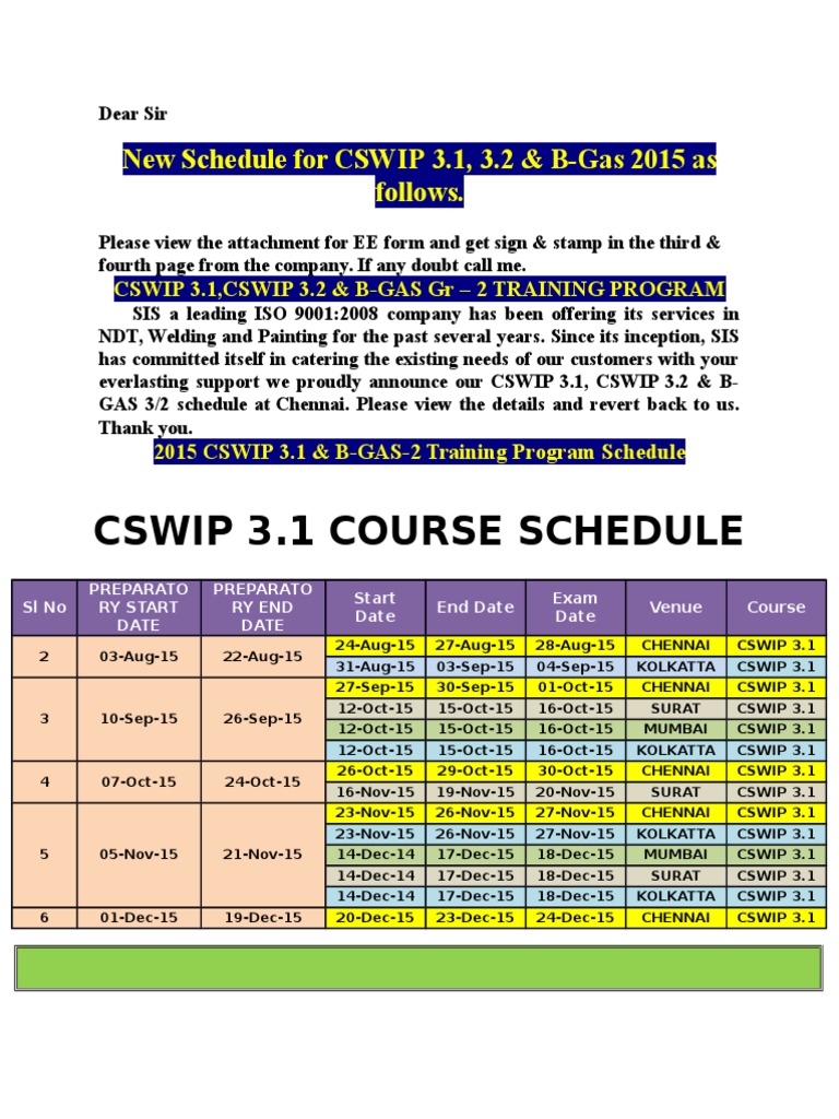 Cswip 3 1 Course Schedule: New Schedule For CSWIP 3 1 3 2 B Gas 2015