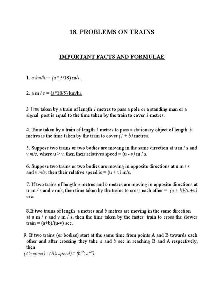 Problems On Trains: Important Facts and Formulae | PDF
