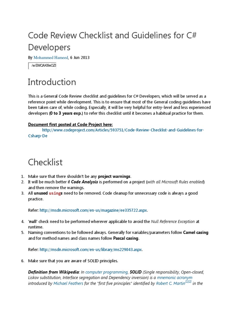 Code Review Checklist and Guidelines For C# Developers PDF | PDF ...