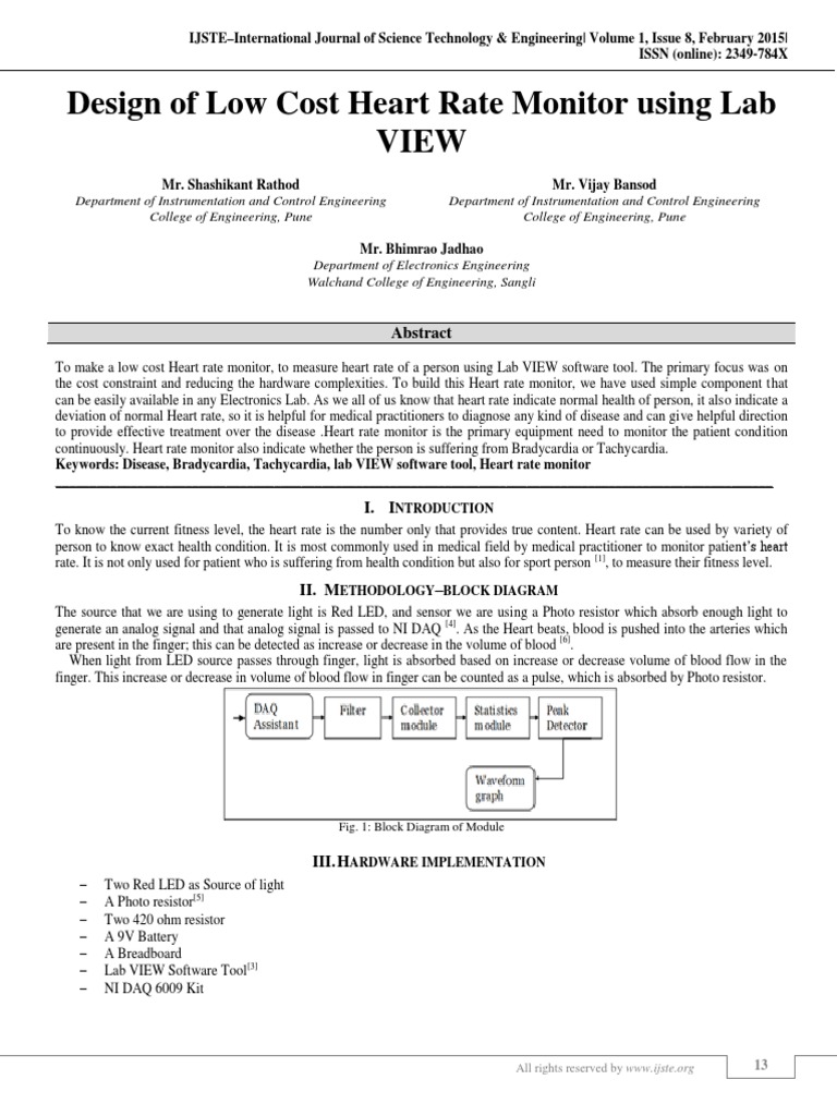Design of Low Cost Heart Rate Monitor Using LabVIEW PDF Heart Rate
