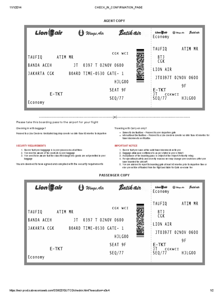 Check in Confirmation Page Aviation Transport