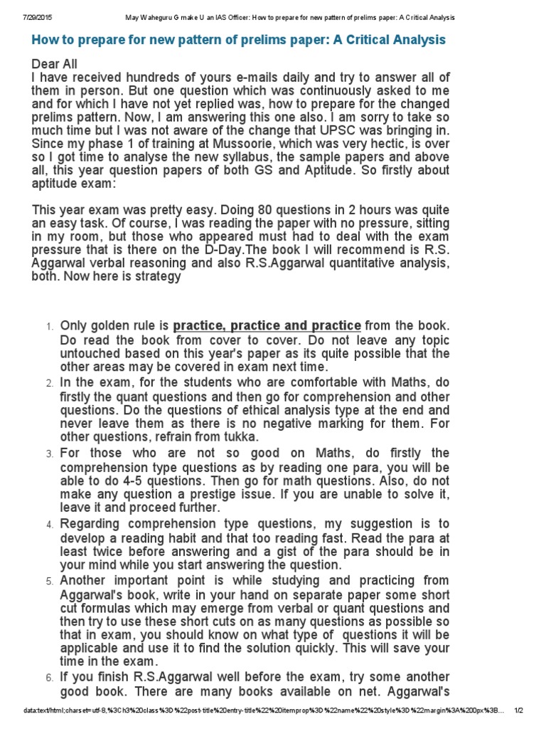 IAS Prelims Prep: New Pattern Guide | PDF | Test (Assessment) | Cognition