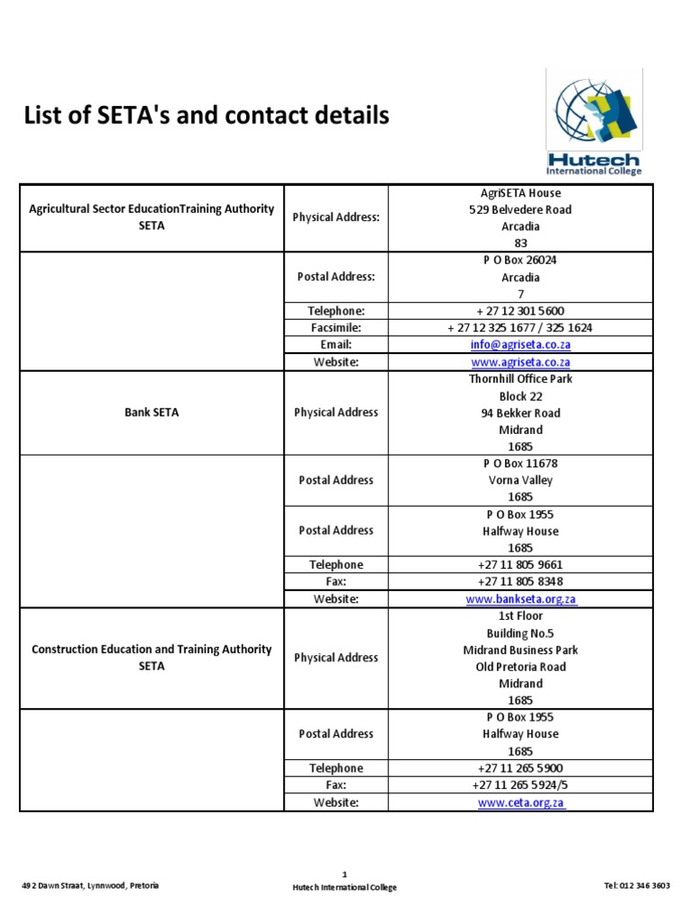 List of SETAs and Contact Details | PDF | Economies | Business