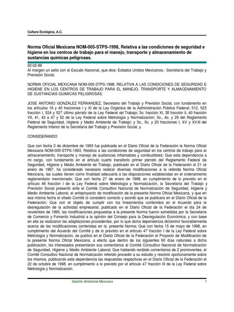 Norma NOM-005-STPS-1998: Seguridad Química | PDF | Material explosivo ...