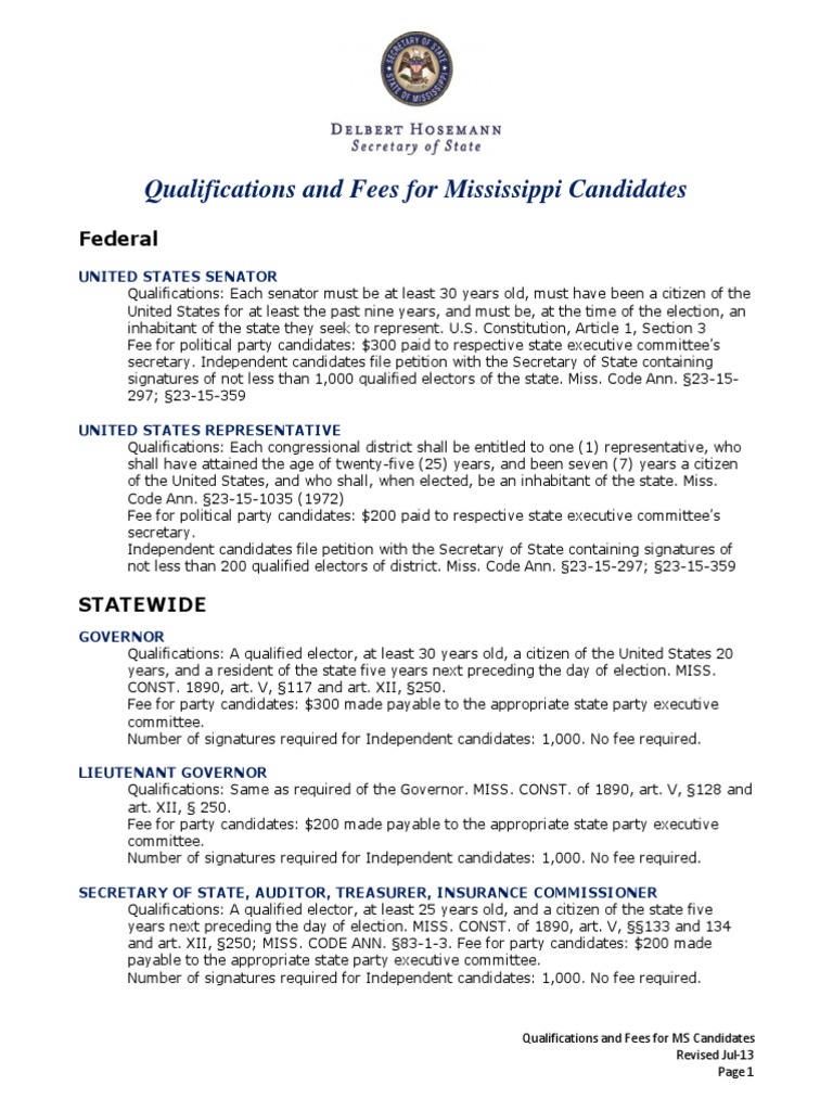 Mississippi Candidate Qualifications | PDF | U.S. State | United States ...