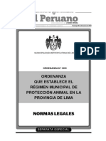 Ordenanza Municipal 1855 Régimen Municipal de Protección Animal en La Provincia de Lima