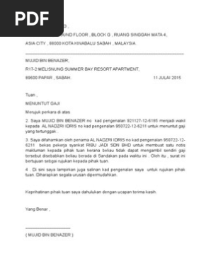 Contoh Surat Rasmi Permohonan Tuntutan Bayaran Balik