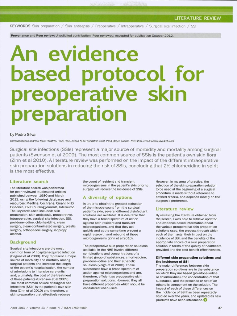 An Evidence Based Protocol for Preoperative Skin Preparation Surgery Medical Specialties