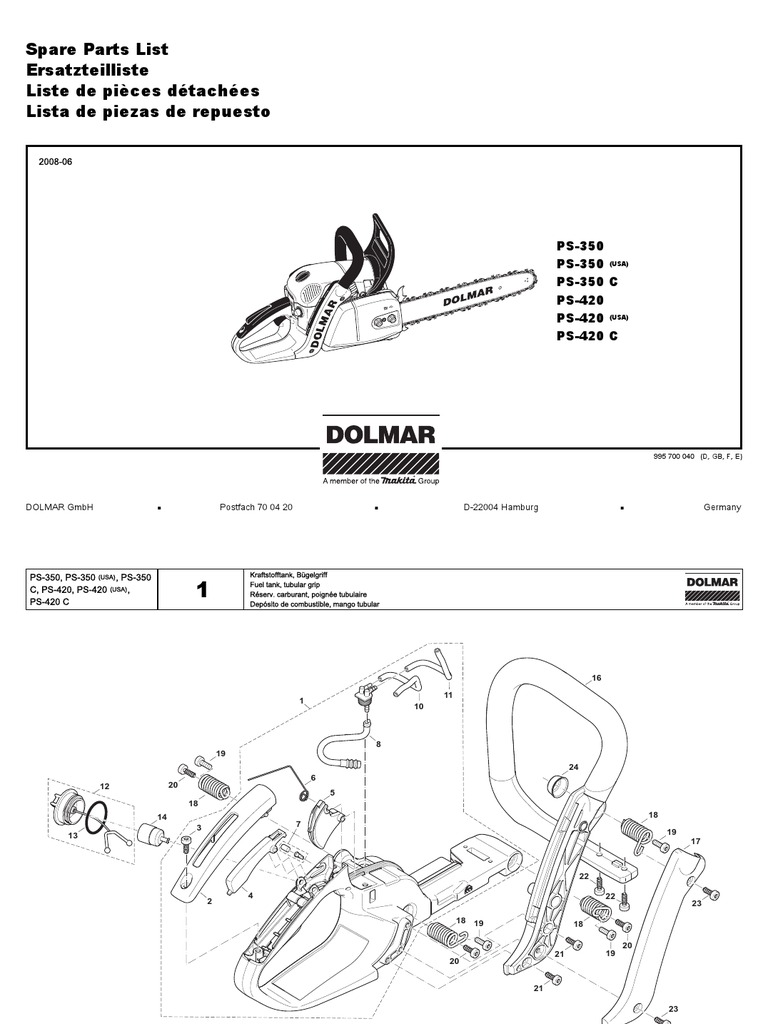 DOLMAR Parts Manual for Chainsaw ModelsPS350 PS350 (USA) PS350 C PS