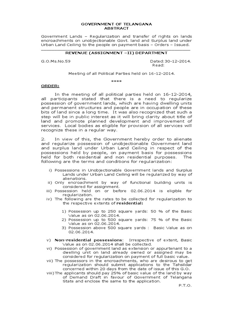 Telangana Govt., Go 59 Land Regularization Go PDF Government Justice