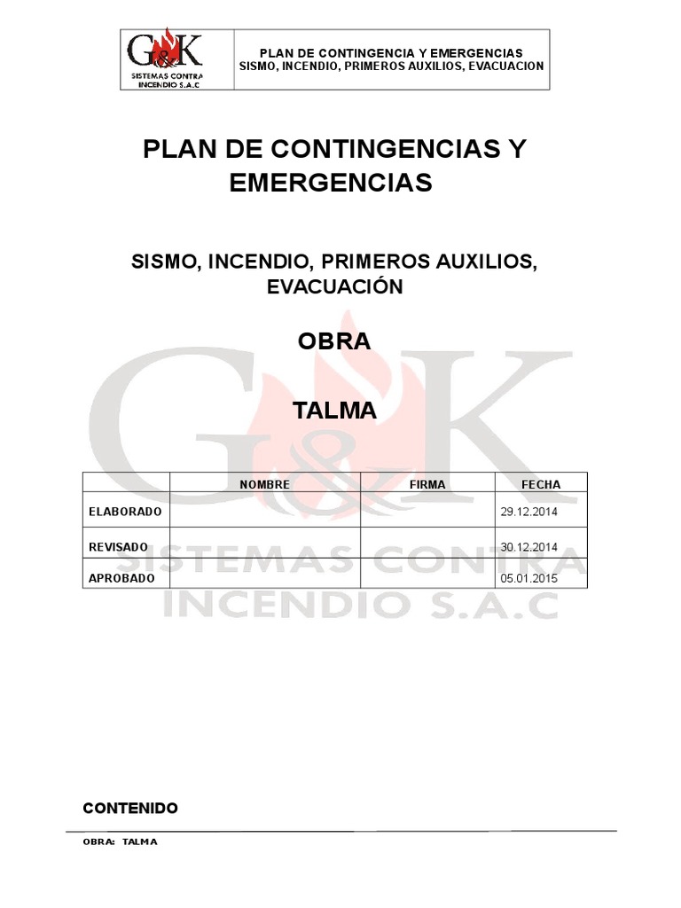 Plan de Contingencia | PDF | Primeros auxilios | Bombero