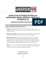 Astm D1785 Potable Water (PW) Astm D2665 Drain, Waste & Vent (DWV) Schedule 40