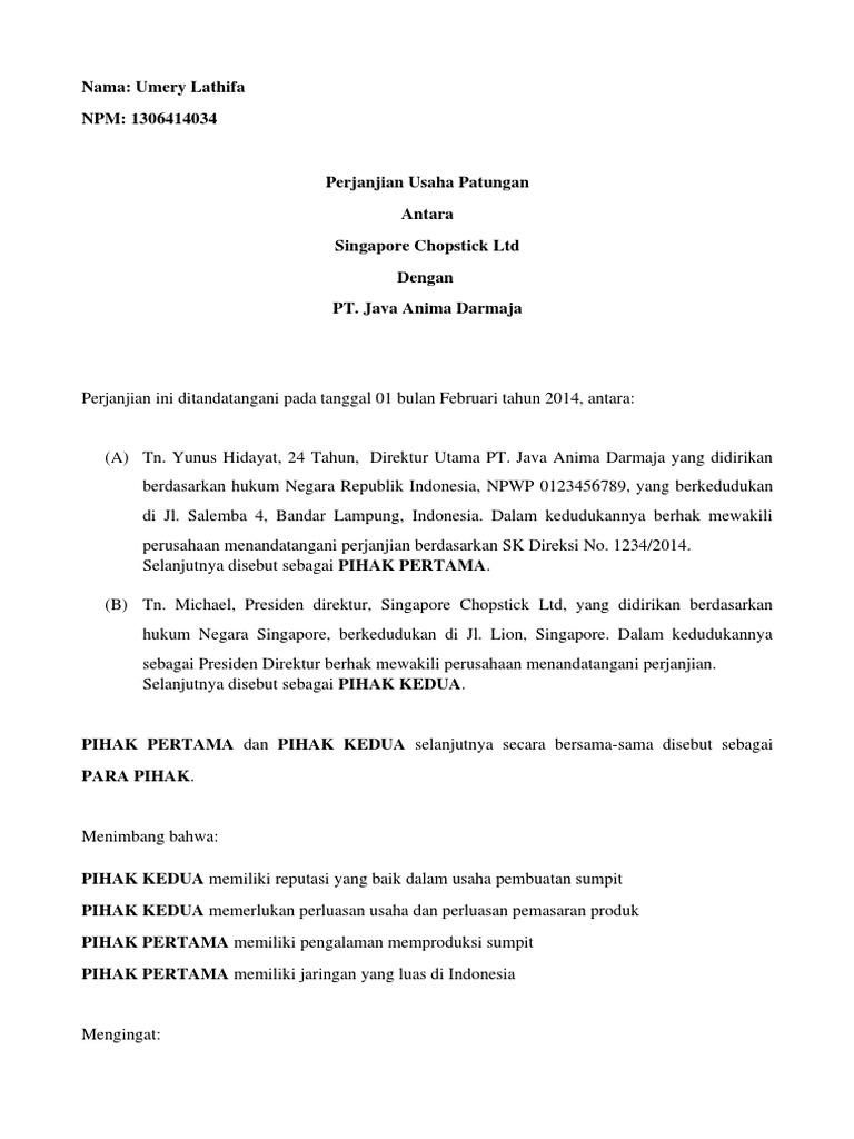 Contoh Surat Perjanjian Kerjasama Usaha Pdf