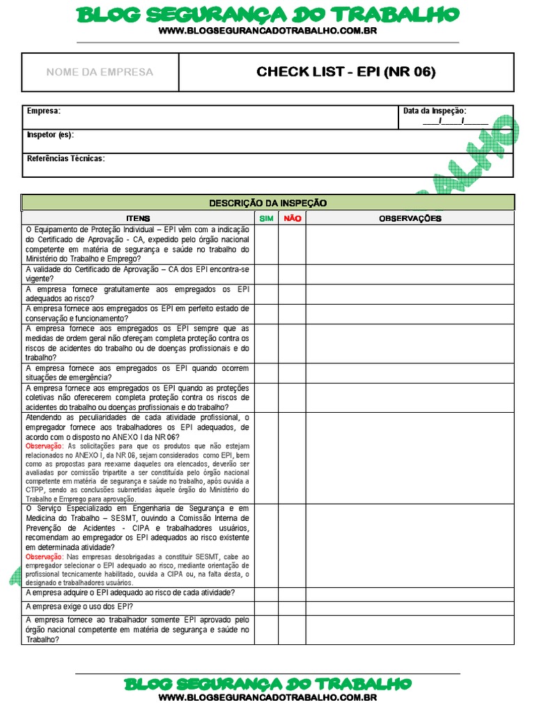 Modelo de Check List - EPI (NR 06) | PDF | Sistema de saúde ...