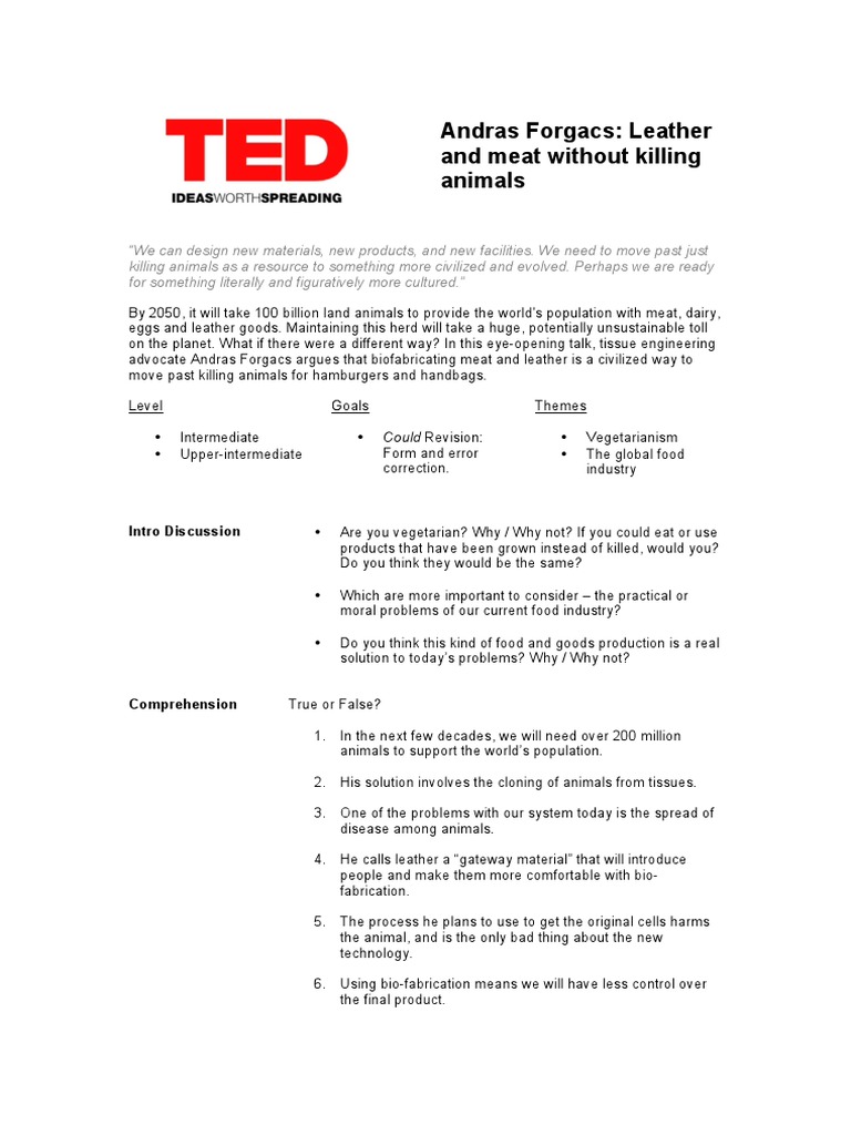 TED TALKS Lesson Plan Andras Leather and Meat Without Killing Animals. PDF Meat