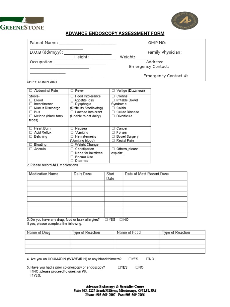 Endoscopy Assessment Form - Mississauga | PDF | Symptoms And Signs ...