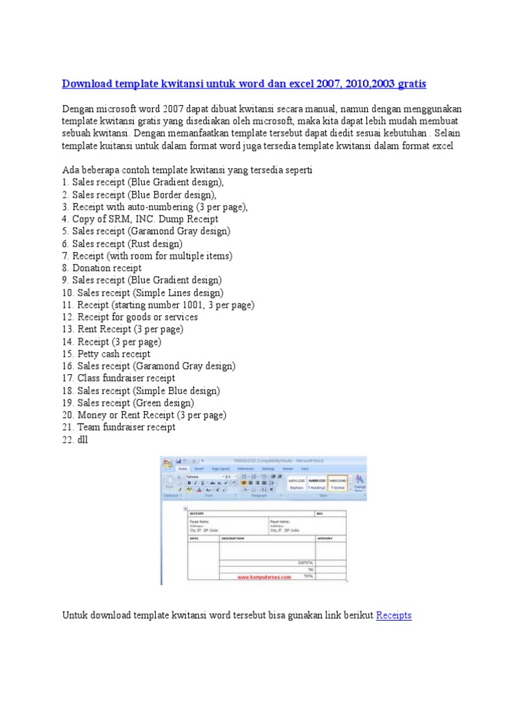 Download Template Kwitansi Untuk Word Dan Excel 2007