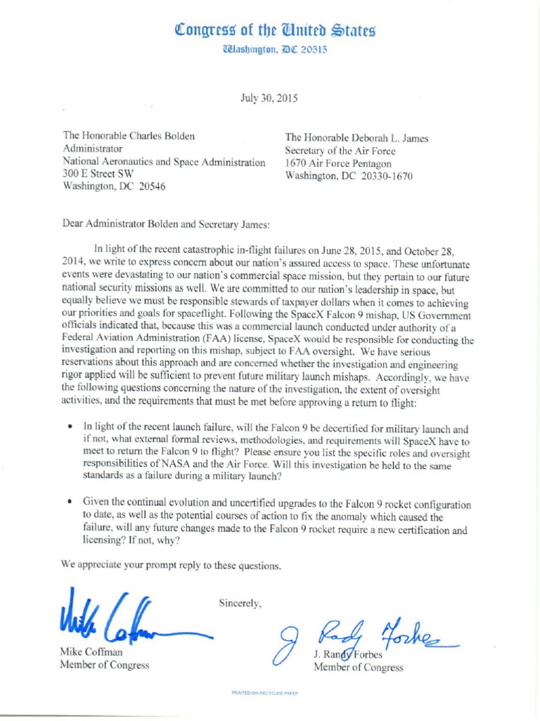 NASA-AF Letter On SpaceX Explosion | PDF
