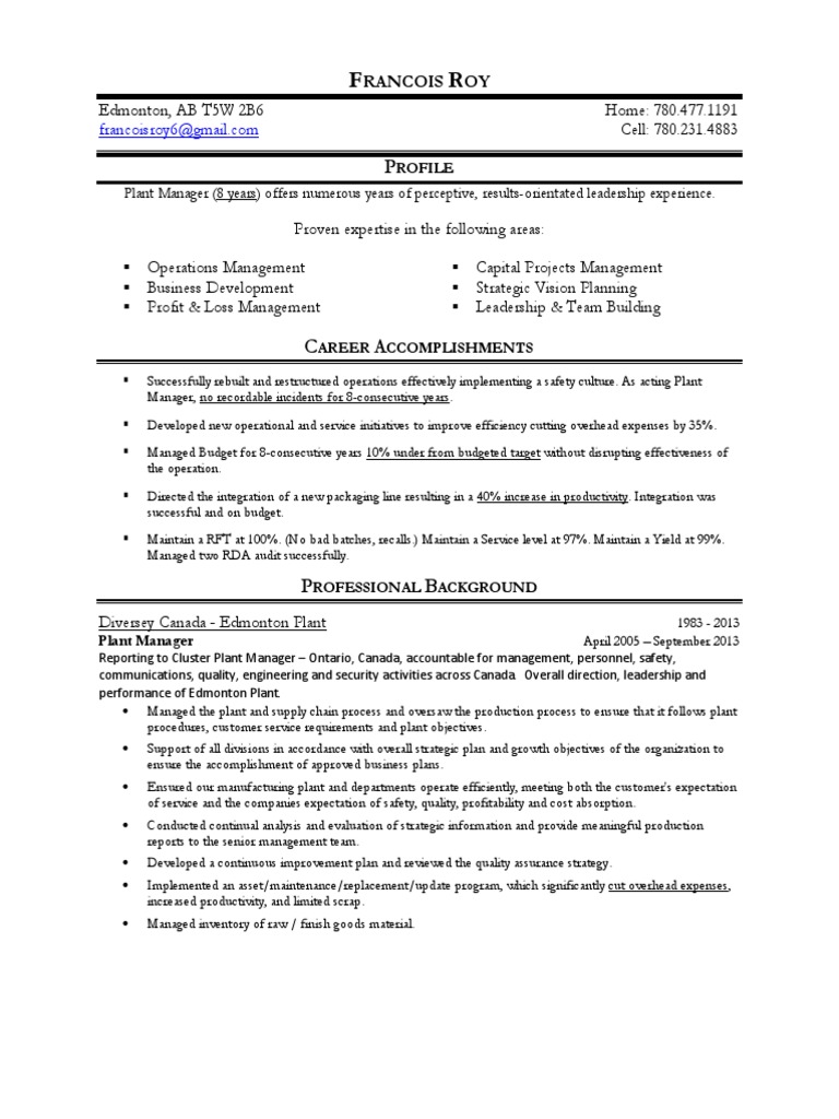 Manufacturing Plant Manager Operations In Edmonton Canada Resume