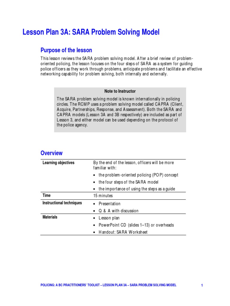 Lesson 3A SARA Problem Solving Model Crime Prevention Evaluation