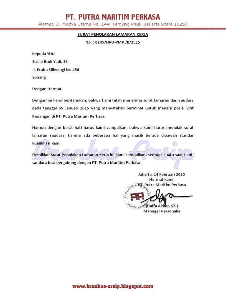 Contoh Surat Penolakan Lamaran Kerja