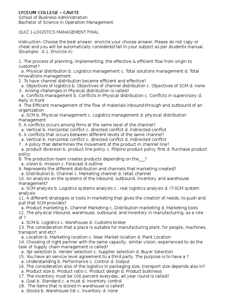Logistics Management Quiz 1 | PDF | Logistics | Supply Chain Management