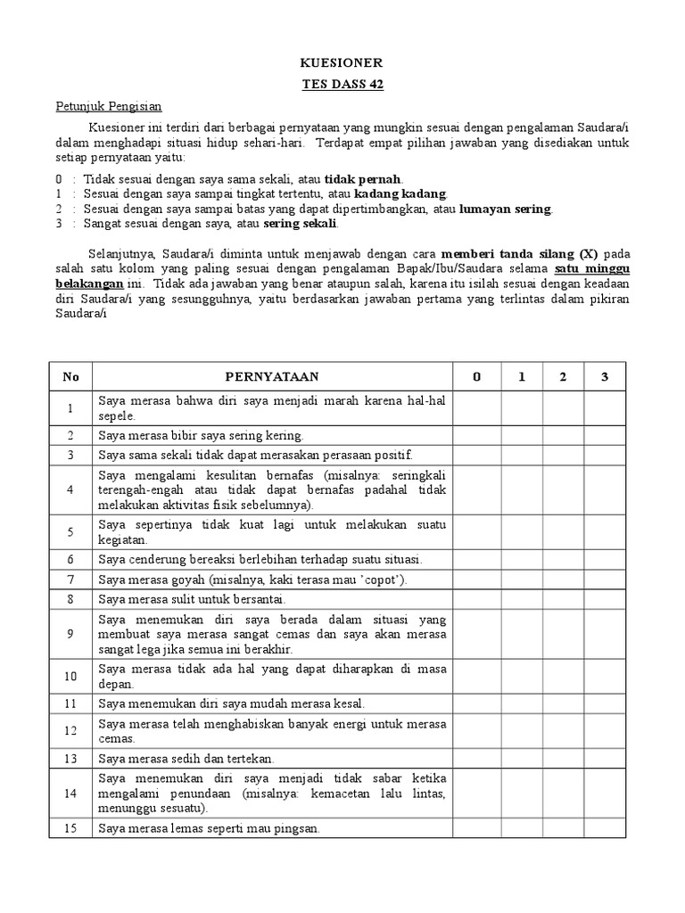 Panduan Kuesioner DASS-42 | PDF