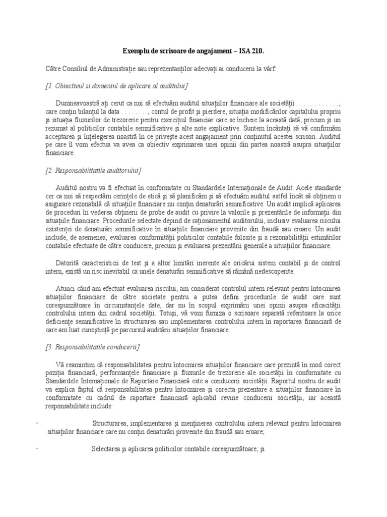 ISA 210 - Model Scrisoare de Misiune | PDF