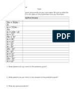 Special Products Worksheet