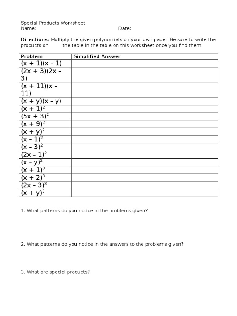 Special Products Worksheet | PDF