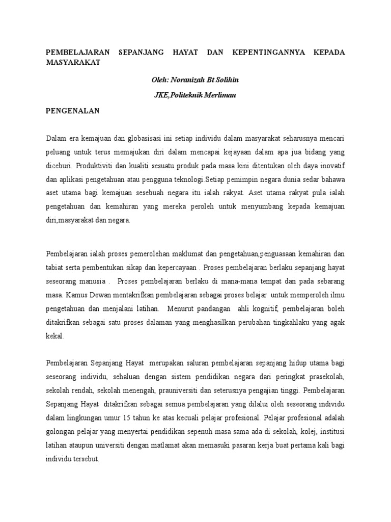 Pembelajaran Sepanjang Hayat Dan Kepentingannya Kepada Masyarakat O Noranizah Pdf