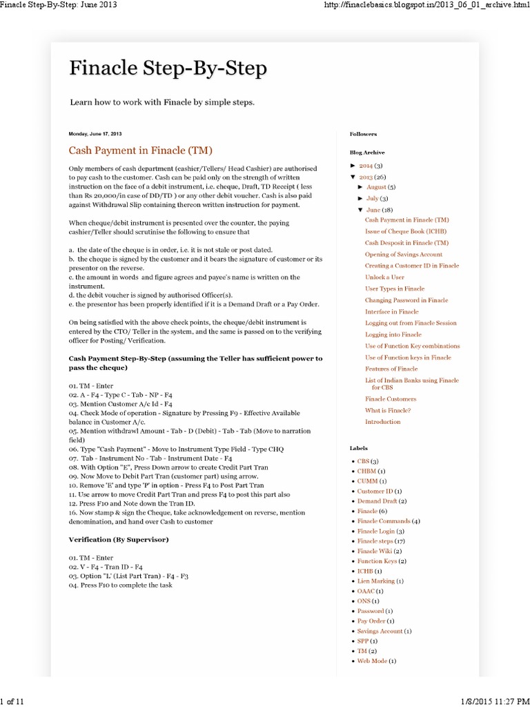 Finacle Guide: Step-by-Step June 2013 | PDF